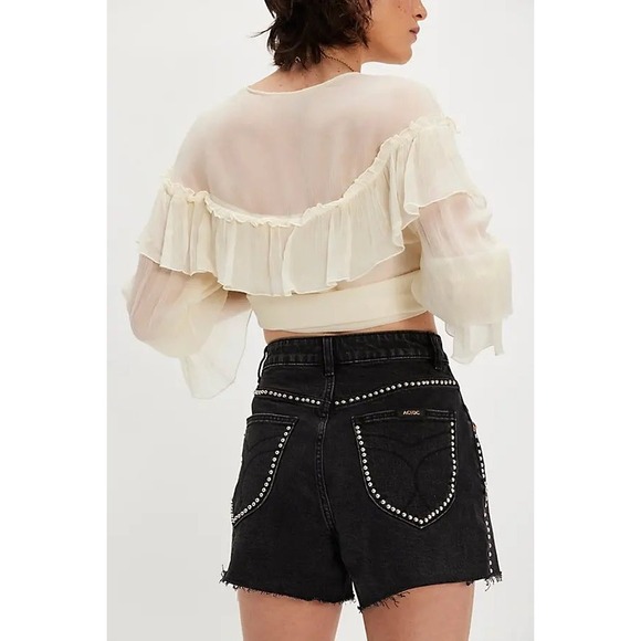 Rolla's Mirage High Rise Studded Denim Shorts Faded Black Frayed Hem Size 28 GUC - Picture 2 of 8